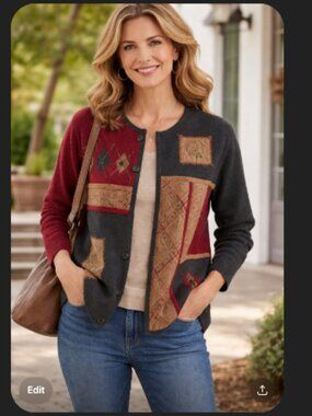 Vintage Wool Cardigan Sweater Patchwork Embroidery Cottagecore Green Size Large